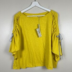 Grey State Womens 2 Selena Top Happy Yellow Ruched Metallic Tie Cotton Linen NEW
